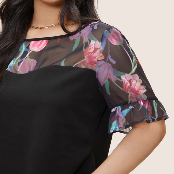 BloomChic Plus Size 3XL Floral Patchwork Mesh Round Neck Flutters T-shirt us22 - Picture 3 of 7